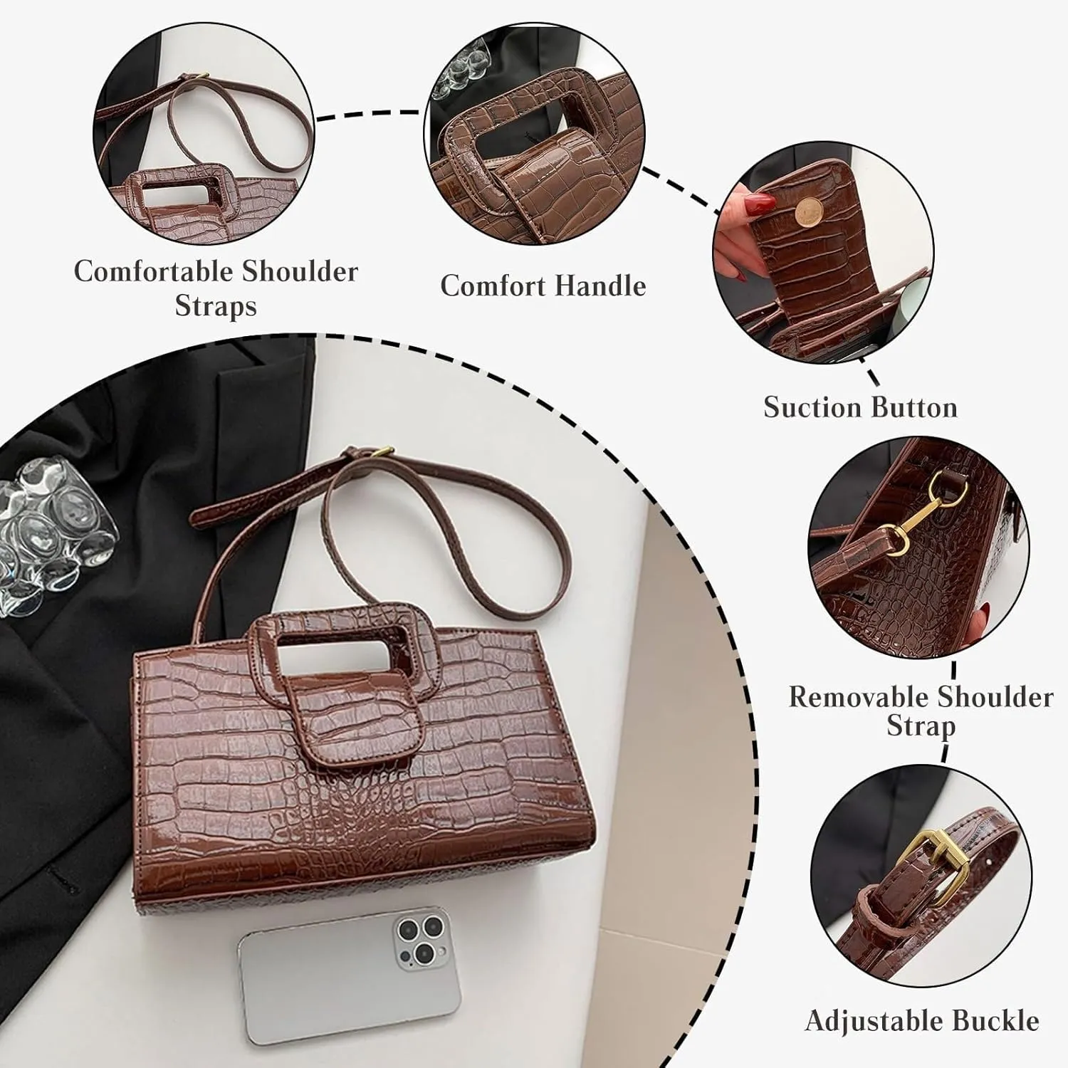 PU Leather Shoulder Crocodile Embossed Crossbody for Women Handbag Medium Capacity Messenger Vintage Flap Satchel