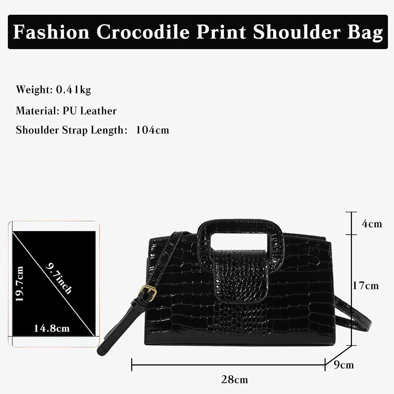 PU Leather Shoulder Crocodile Embossed Crossbody for Women Handbag Medium Capacity Messenger Vintage Flap Satchel