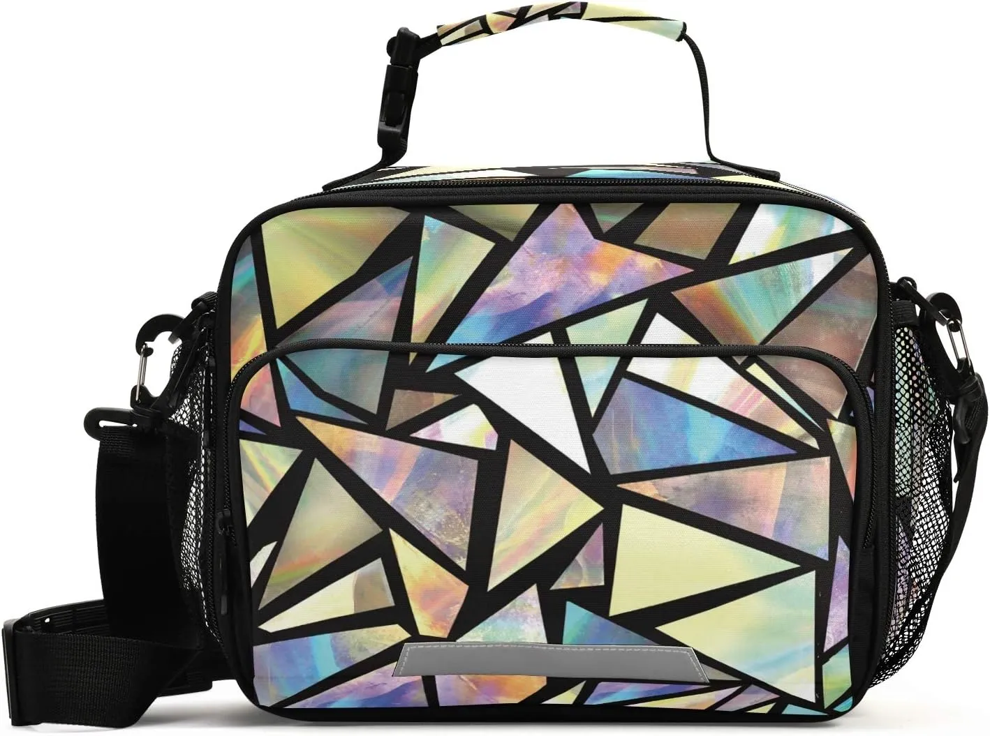 Qilmy Iridescent Triangles Abstract Lunch Bag Insulated Waterproof Reusable Lunch Tote Bag with Detachable Shoulder Strap, Zipper Lunch Box for School Office Travel Picnic