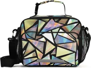 Qilmy Iridescent Triangles Abstract Lunch Bag Insulated Waterproof Reusable Lunch Tote Bag with Detachable Shoulder Strap, Zipper Lunch Box for School Office Travel Picnic