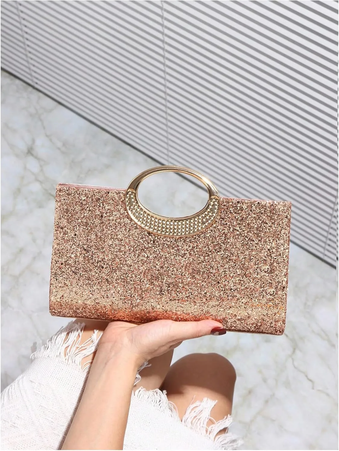 QWINEE Women's Glitter Evening Clutch Handbags Rhinestone Top Handle Party Crossbody Bag