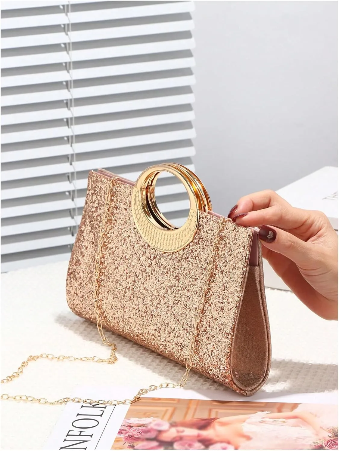 QWINEE Women's Glitter Evening Clutch Handbags Rhinestone Top Handle Party Crossbody Bag