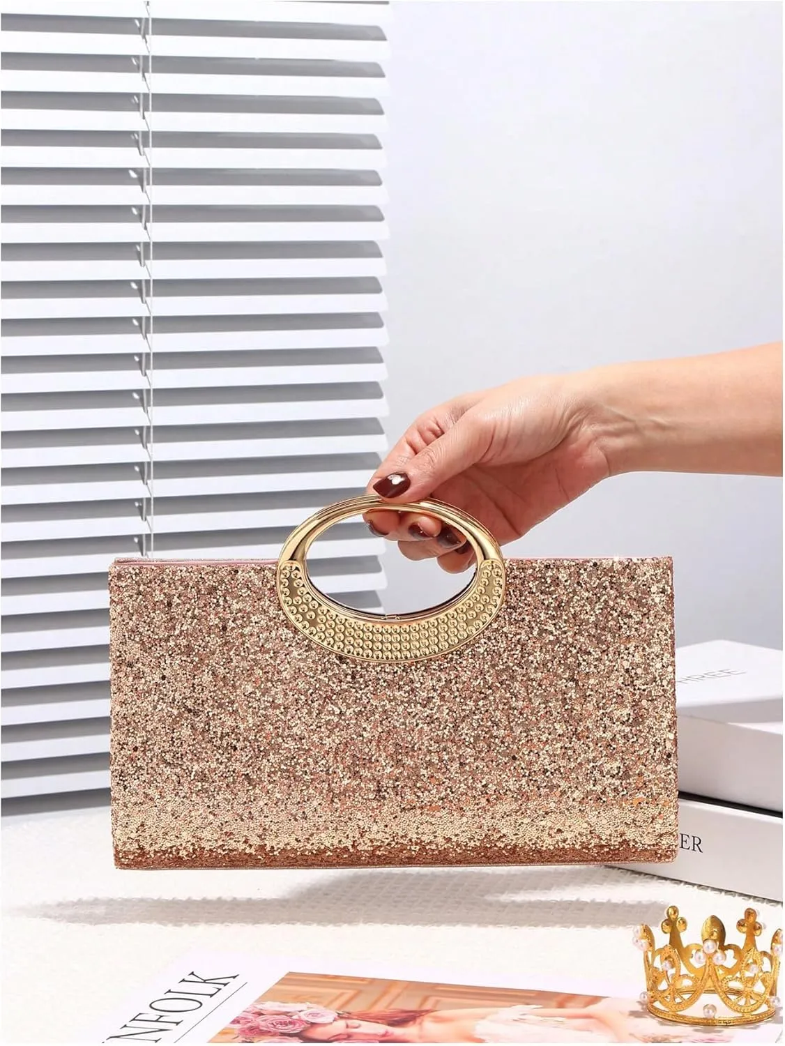 QWINEE Women's Glitter Evening Clutch Handbags Rhinestone Top Handle Party Crossbody Bag