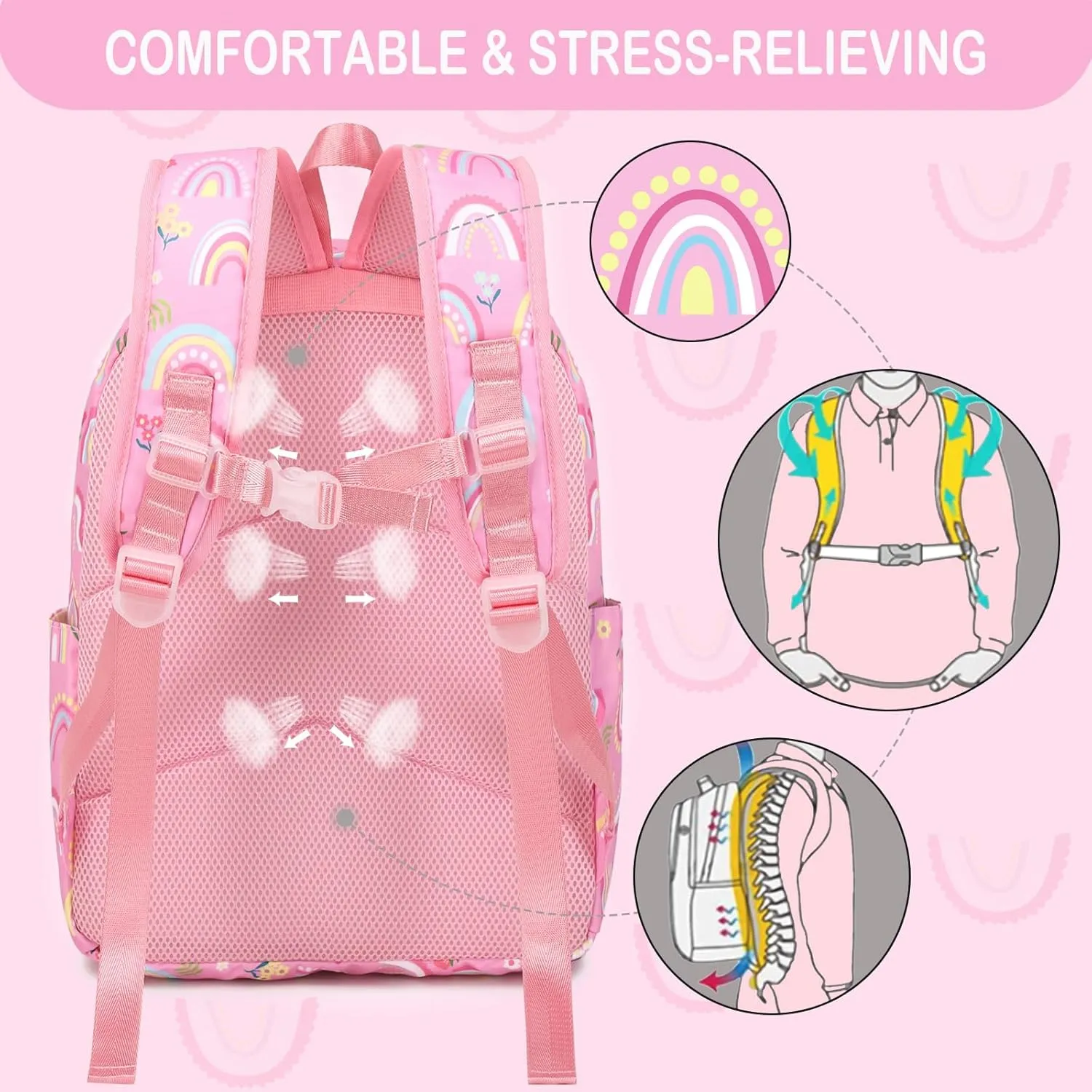Rainbow Backpack for Girls Elementary School Kindergarten Backpack with Lunch Box for Kids 4 5 6 7 8 9 10 Years Old Girls Bookbag for Preschool Pink Rainbow Bookbag Set