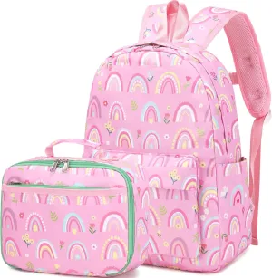 Rainbow Backpack for Girls Elementary School Kindergarten Backpack with Lunch Box for Kids 4 5 6 7 8 9 10 Years Old Girls Bookbag for Preschool Pink Rainbow Bookbag Set