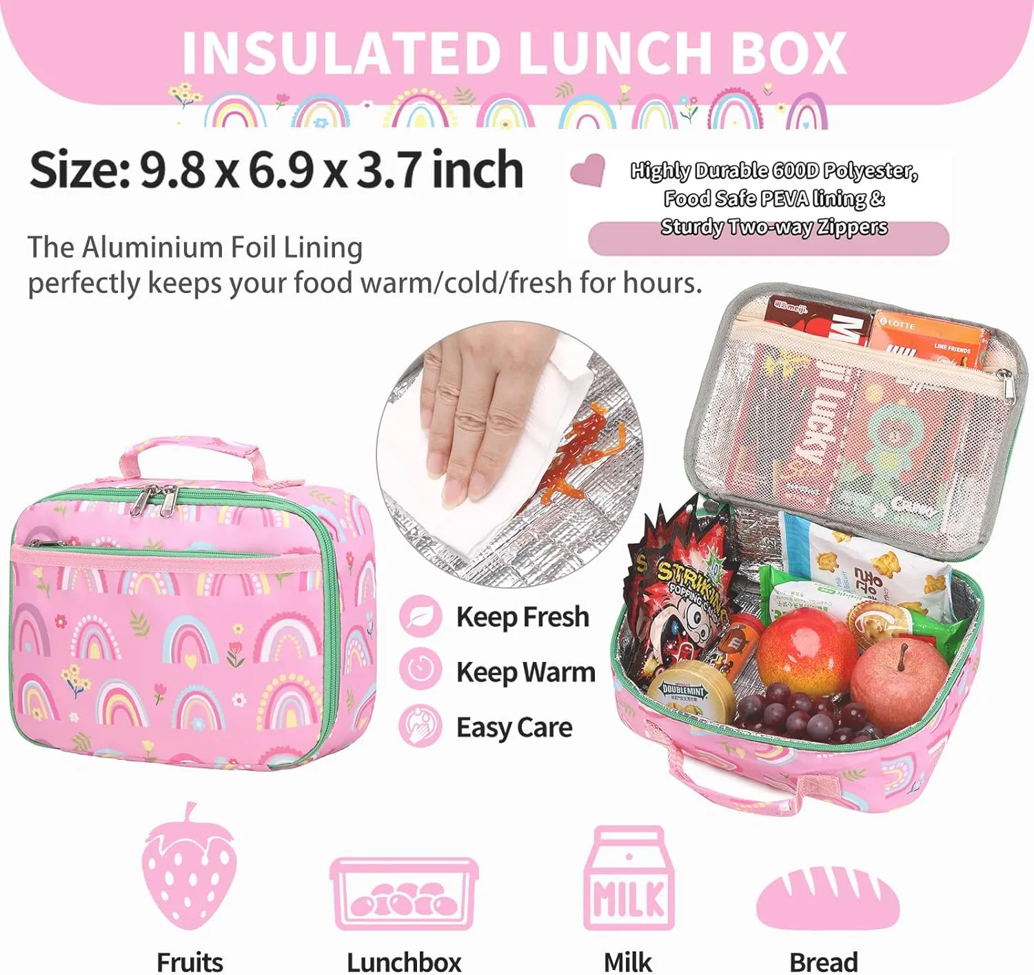 Rainbow Backpack for Girls Elementary School Kindergarten Backpack with Lunch Box for Kids 4 5 6 7 8 9 10 Years Old Girls Bookbag for Preschool Pink Rainbow Bookbag Set