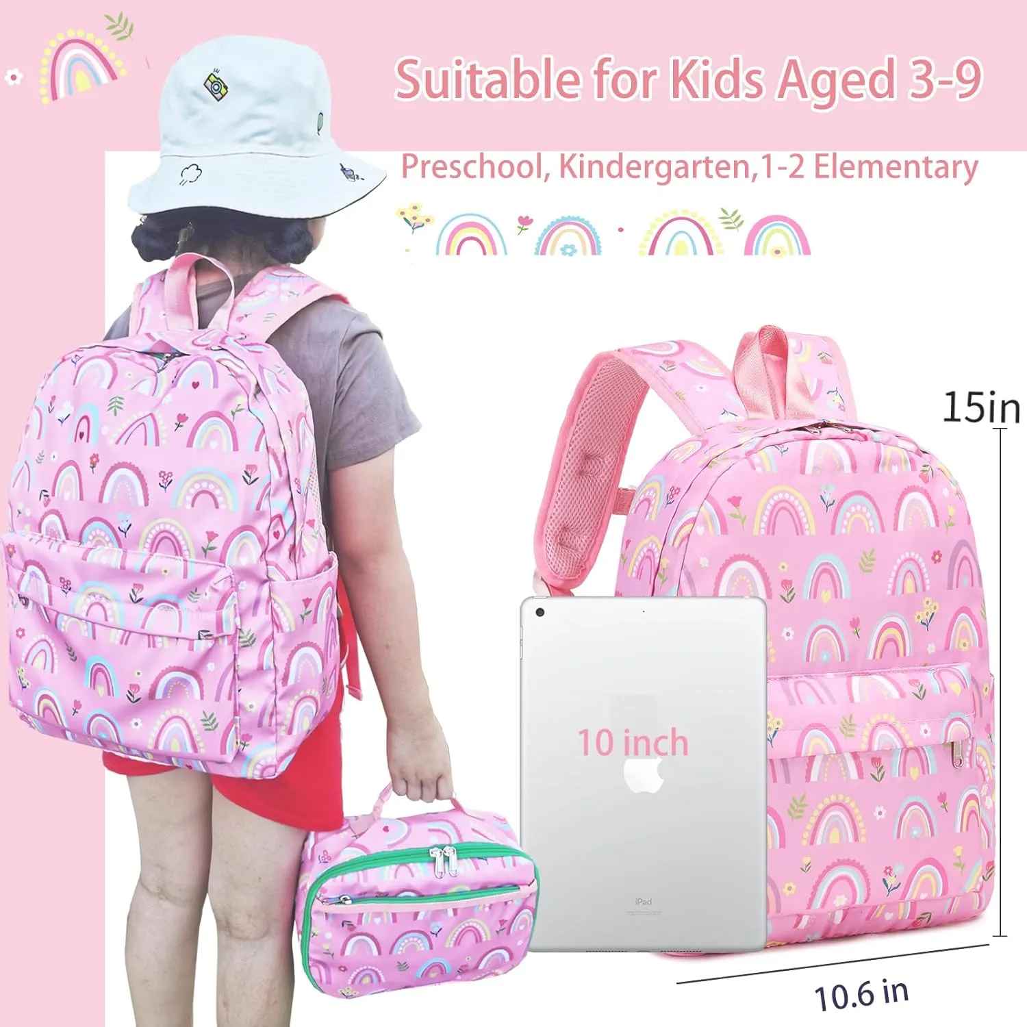 Rainbow Backpack for Girls Elementary School Kindergarten Backpack with Lunch Box for Kids 4 5 6 7 8 9 10 Years Old Girls Bookbag for Preschool Pink Rainbow Bookbag Set