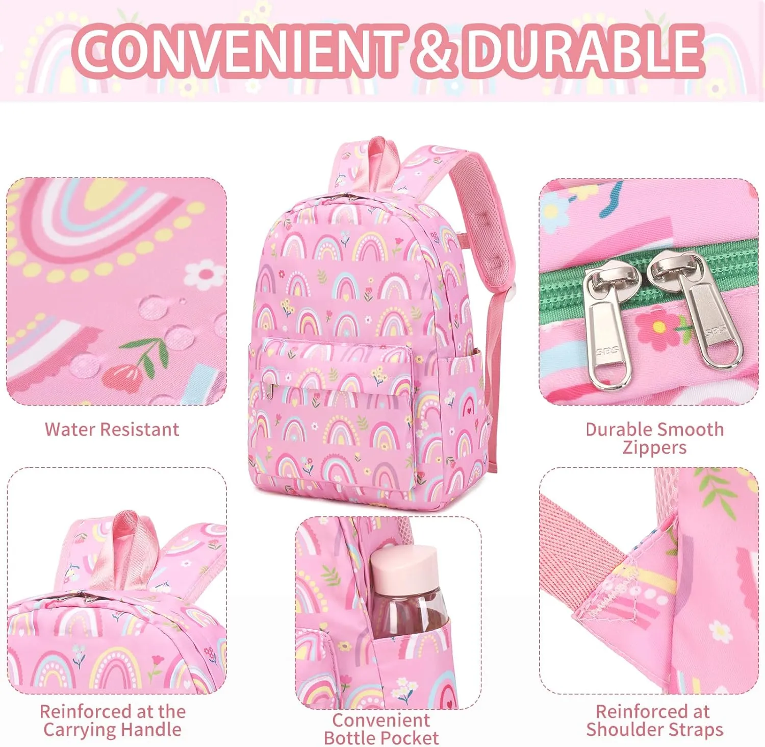 Rainbow Backpack for Girls Elementary School Kindergarten Backpack with Lunch Box for Kids 4 5 6 7 8 9 10 Years Old Girls Bookbag for Preschool Pink Rainbow Bookbag Set
