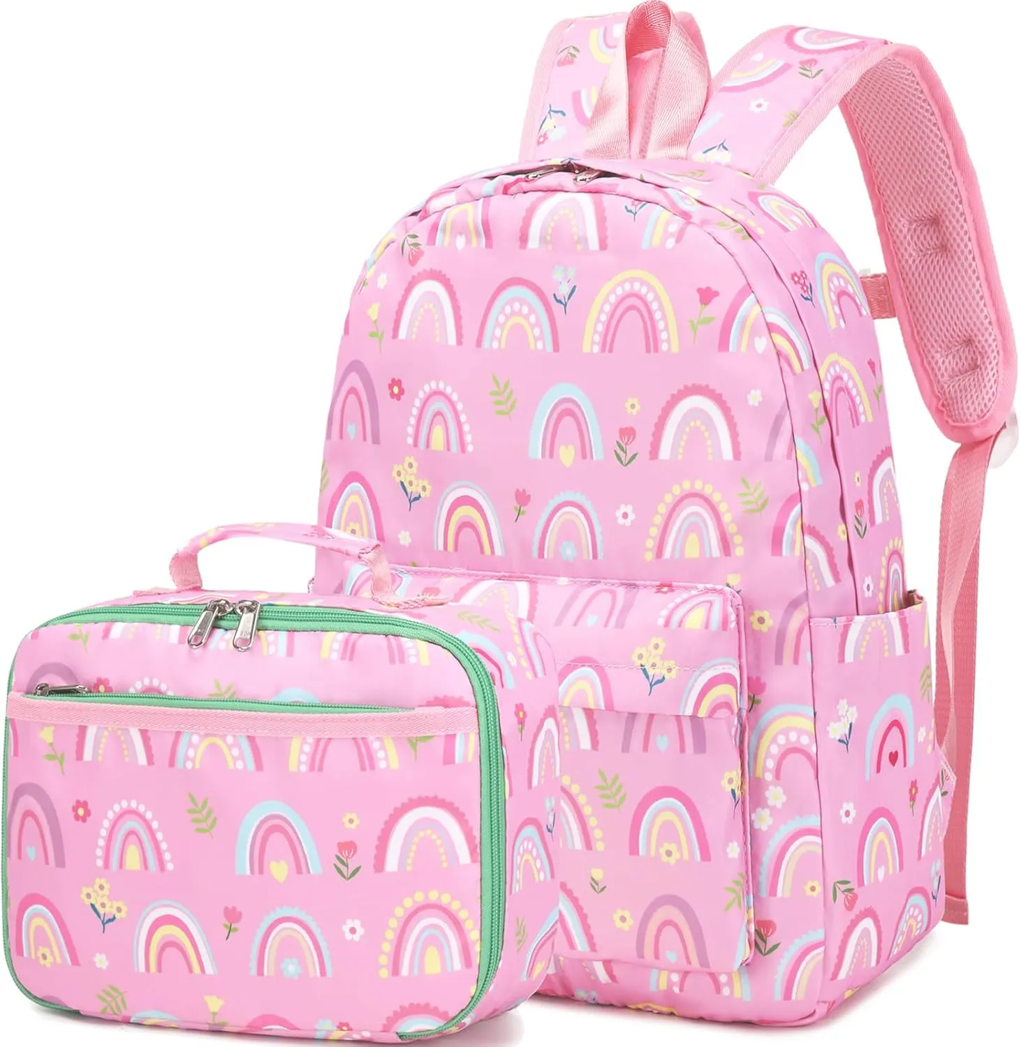 Rainbow Backpack for Girls Elementary School Kindergarten Backpack with Lunch Box for Kids 4 5 6 7 8 9 10 Years Old Girls Bookbag for Preschool Pink Rainbow Bookbag Set