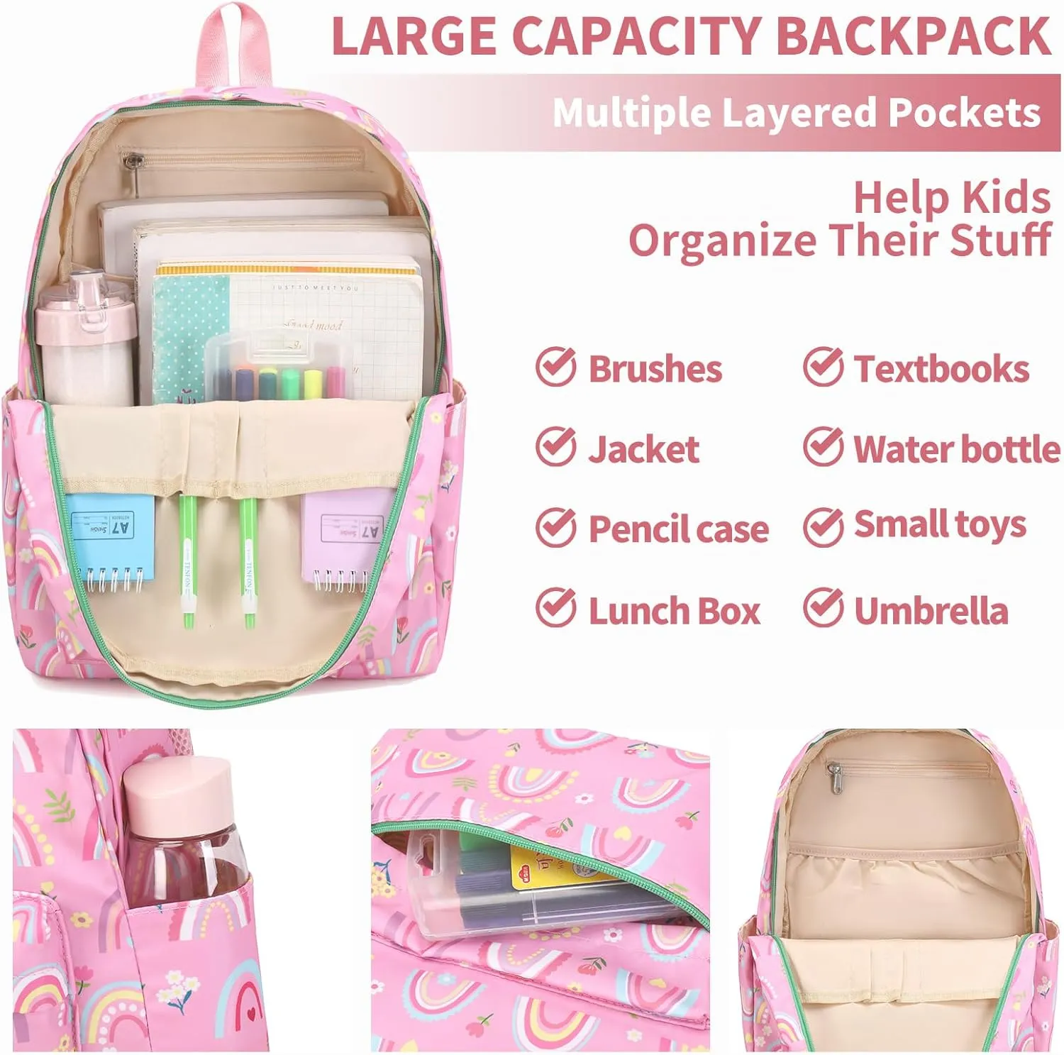 Rainbow Backpack for Girls Elementary School Kindergarten Backpack with Lunch Box for Kids 4 5 6 7 8 9 10 Years Old Girls Bookbag for Preschool Pink Rainbow Bookbag Set