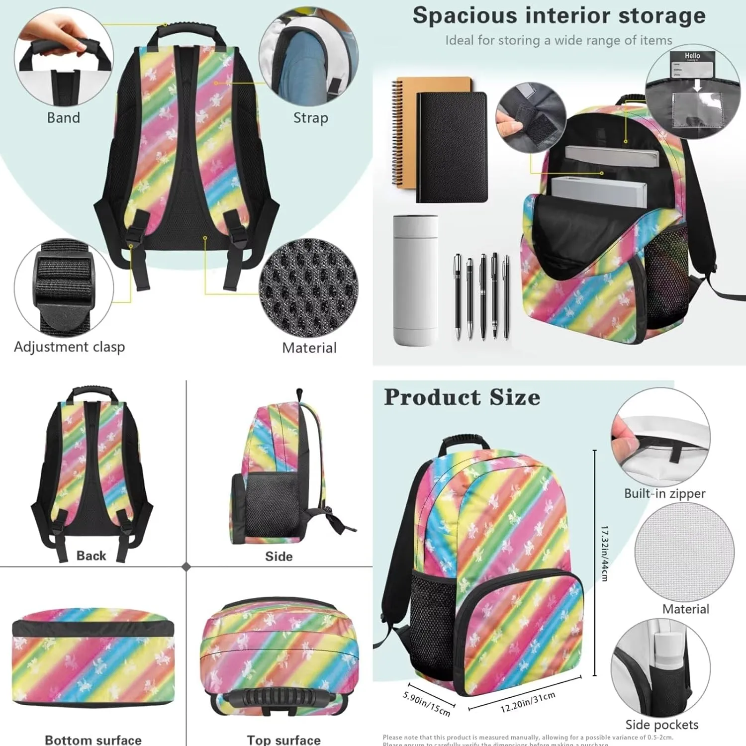 Rainbow Backpack Pony Print Bookbag Boys Girls with Lunch Box Printed 3-In-1 Kids Backpacks Set Popular Daypack with Side Net Pockets for Primary Students
