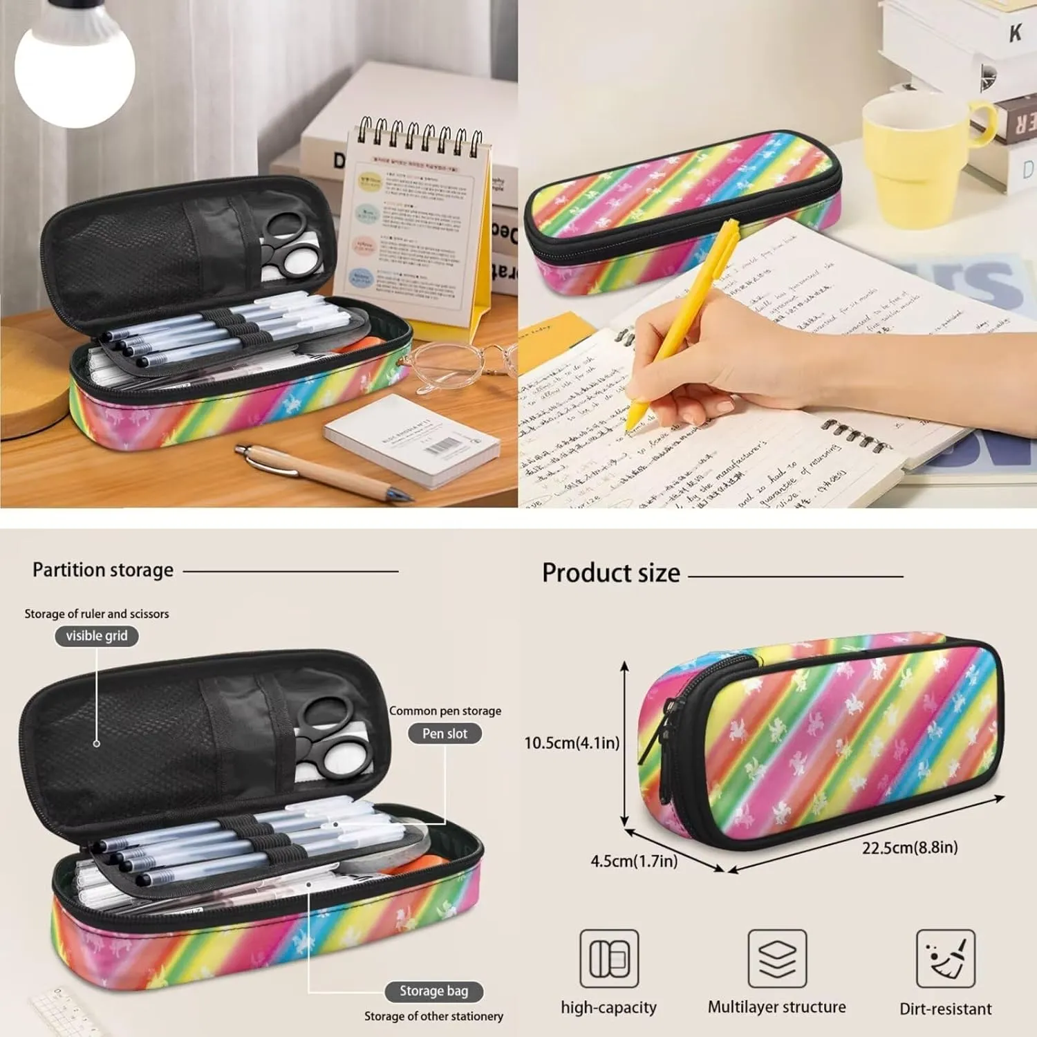 Rainbow Backpack Pony Print Bookbag Boys Girls with Lunch Box Printed 3-In-1 Kids Backpacks Set Popular Daypack with Side Net Pockets for Primary Students