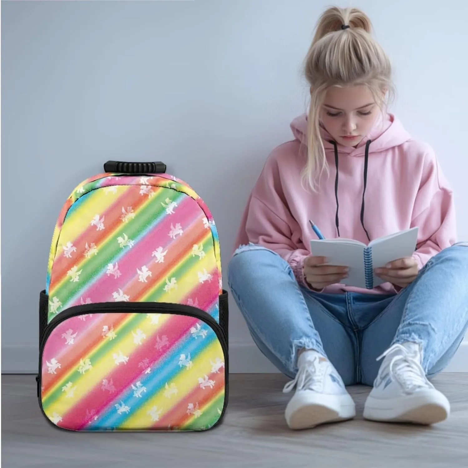 Rainbow Backpack Pony Print Bookbag Boys Girls with Lunch Box Printed 3-In-1 Kids Backpacks Set Popular Daypack with Side Net Pockets for Primary Students