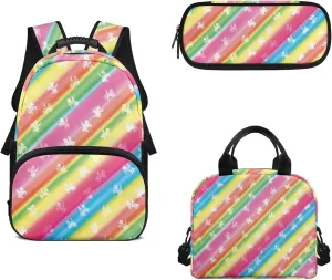 Rainbow Backpack Pony Print Bookbag Boys Girls with Lunch Box Printed 3-In-1 Kids Backpacks Set Popular Daypack with Side Net Pockets for Primary Students