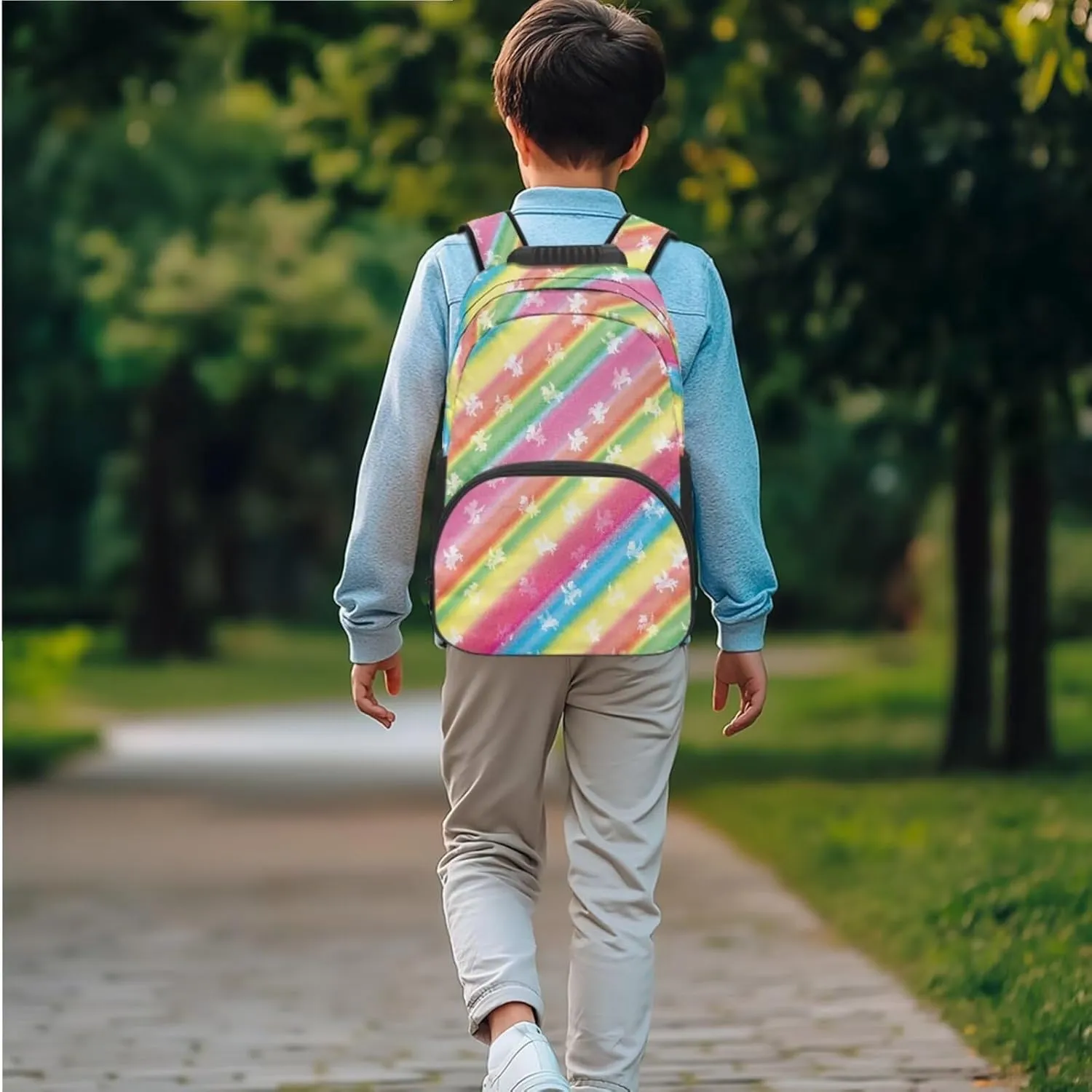 Rainbow Backpack Pony Print Bookbag Boys Girls with Lunch Box Printed 3-In-1 Kids Backpacks Set Popular Daypack with Side Net Pockets for Primary Students