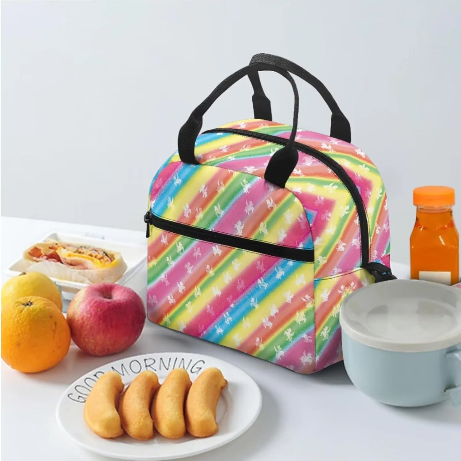Rainbow Backpack Pony Print Bookbag Boys Girls with Lunch Box Printed 3-In-1 Kids Backpacks Set Popular Daypack with Side Net Pockets for Primary Students