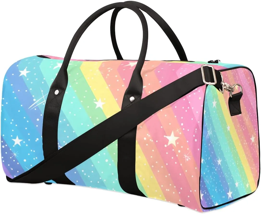 Rainbow Ombre Travel Duffle Bag for Women Men Gym Duffel Foldable Bag Waterproof Weekender Star Glitter Duffle Tote