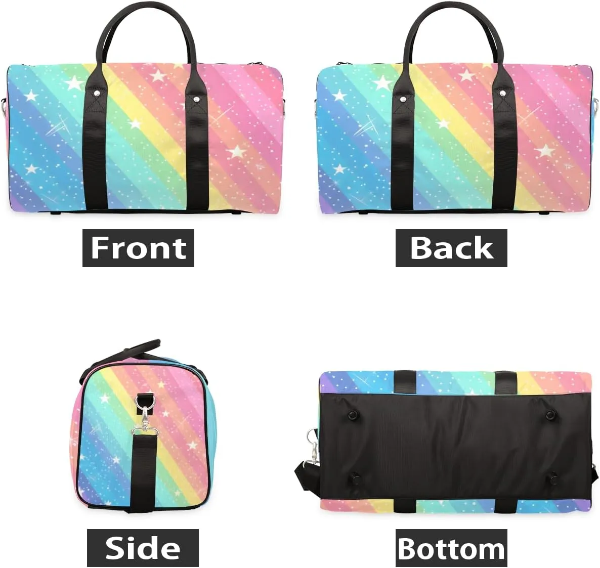 Rainbow Ombre Travel Duffle Bag for Women Men Gym Duffel Foldable Bag Waterproof Weekender Star Glitter Duffle Tote
