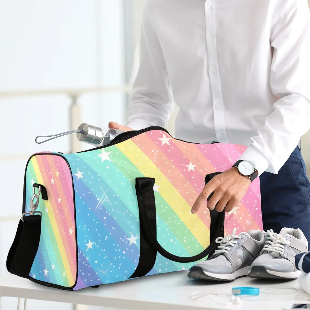 Rainbow Ombre Travel Duffle Bag for Women Men Gym Duffel Foldable Bag Waterproof Weekender Star Glitter Duffle Tote