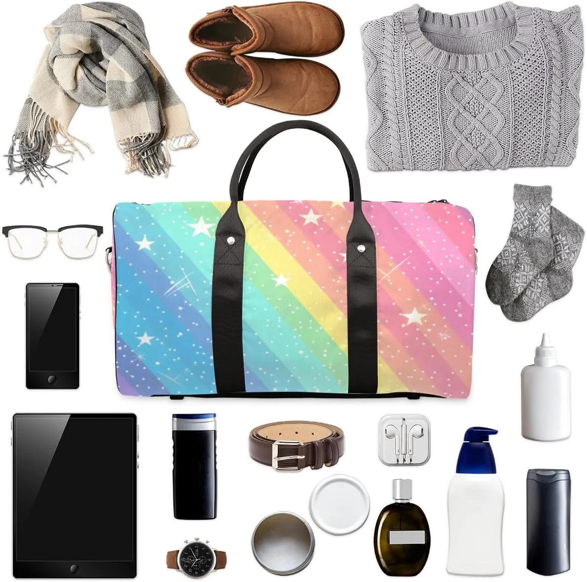 Rainbow Ombre Travel Duffle Bag for Women Men Gym Duffel Foldable Bag Waterproof Weekender Star Glitter Duffle Tote