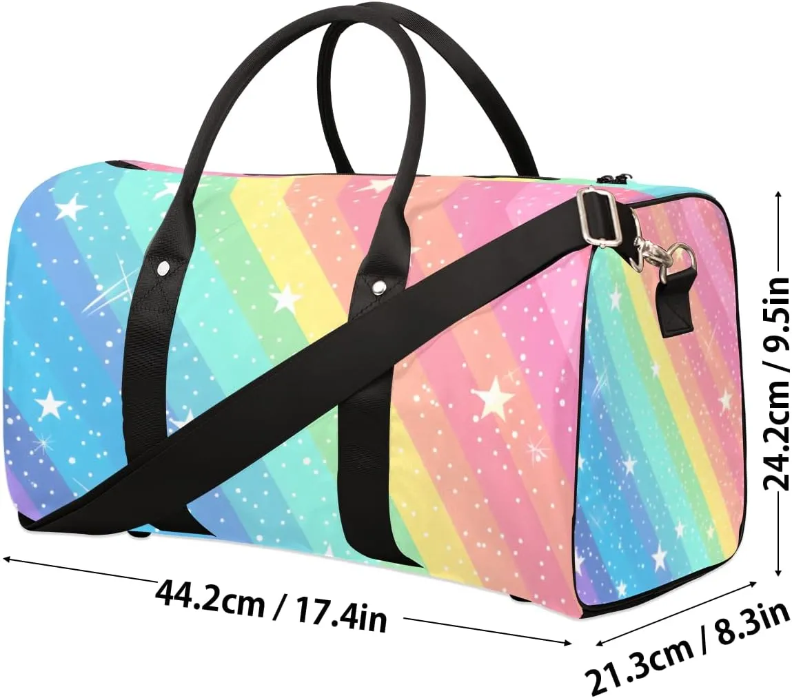 Rainbow Ombre Travel Duffle Bag for Women Men Gym Duffel Foldable Bag Waterproof Weekender Star Glitter Duffle Tote