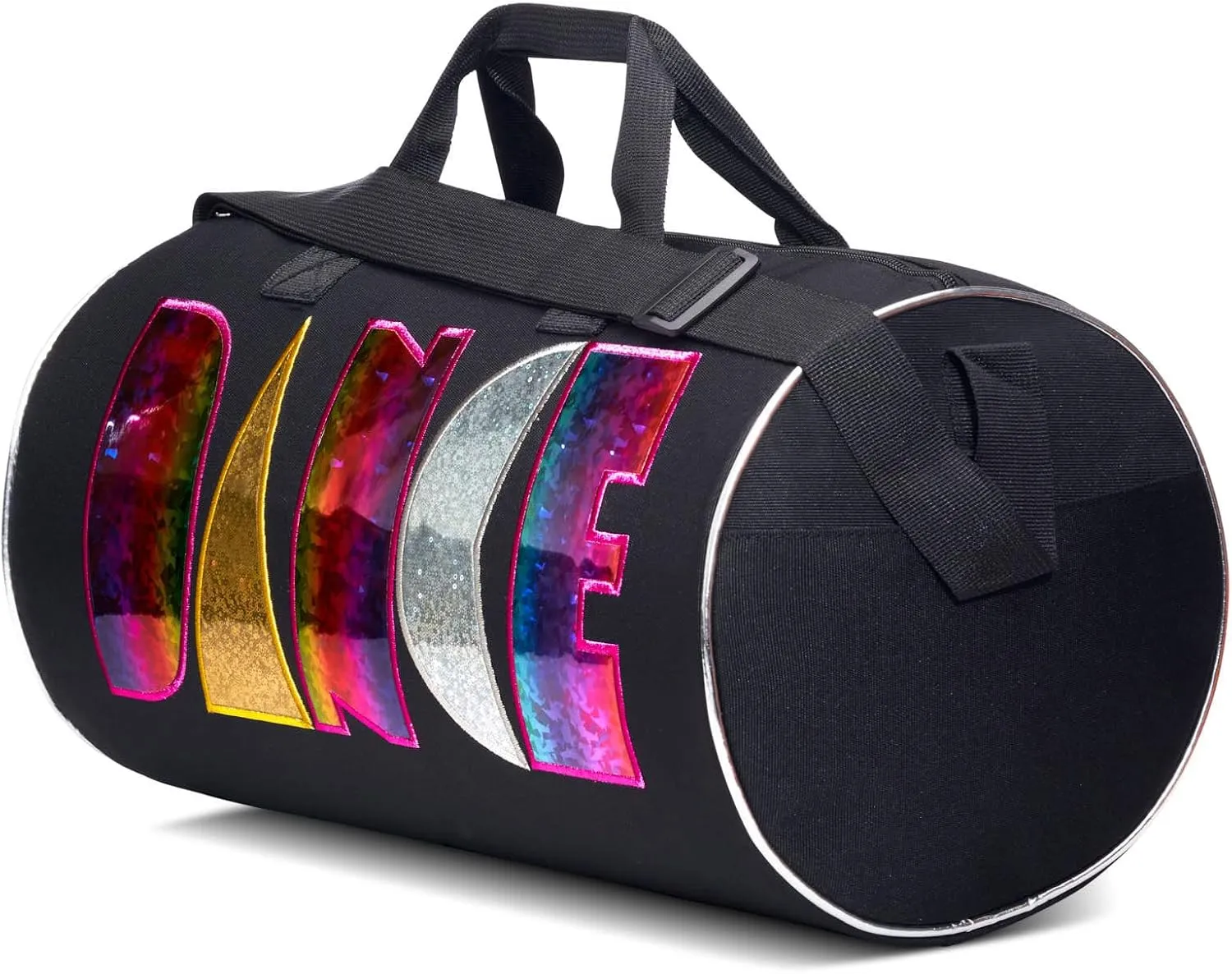 Rainbow Shimmer Dance Duffle Bag for Girls, Kids Travel Bag with Adjustable Carry on and Handy Pouch, Dance Accessories for Girls, Teens - 18 L