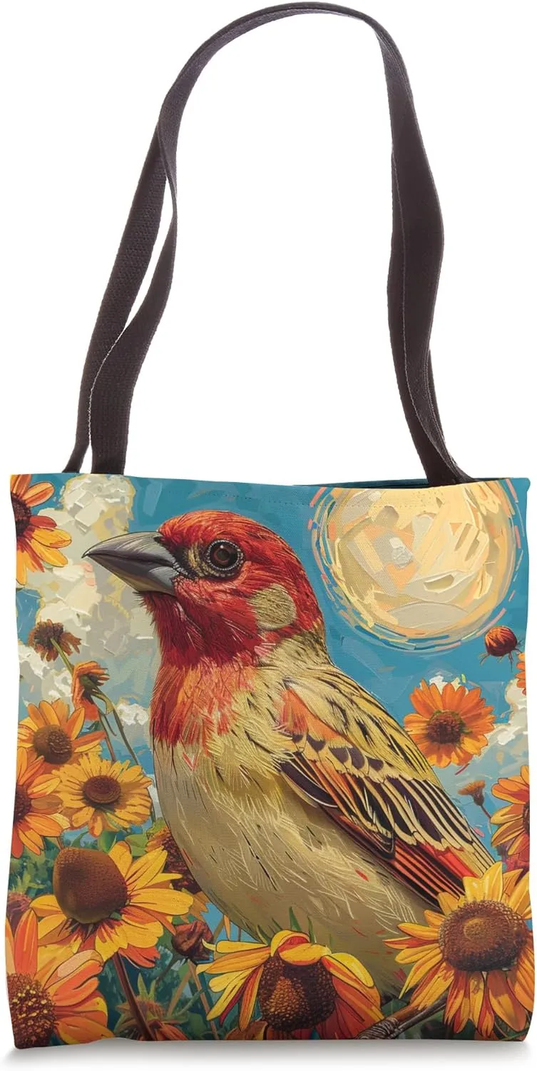 Red Crossbill Bird Sunflower Cute Van Gogh Style Tote Bag