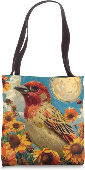 Red Crossbill Bird Sunflower Cute Van Gogh Style Tote Bag