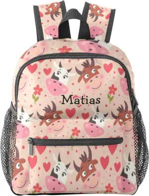 Red Hearts Cow Personalized Kids Toddler Backpack for Boys Girls,Custom School Kindergarten Travel Bookbag