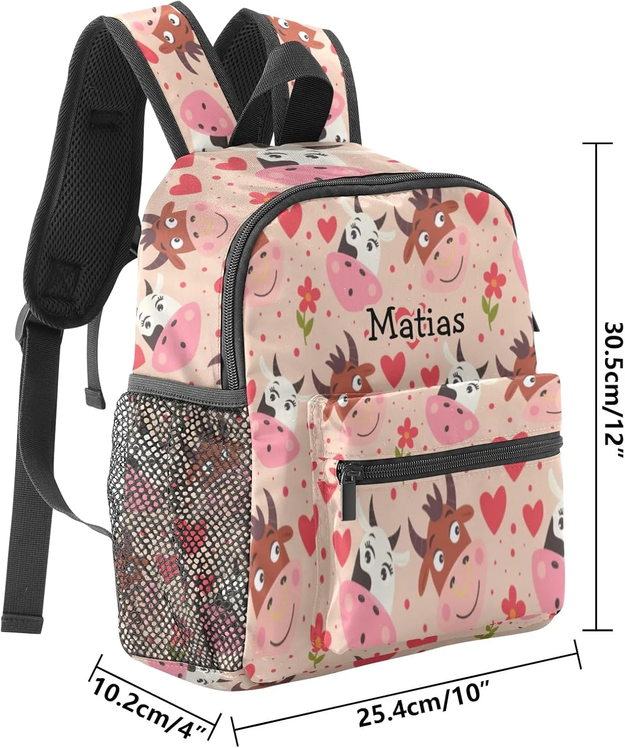 Red Hearts Cow Personalized Kids Toddler Backpack for Boys Girls,Custom School Kindergarten Travel Bookbag