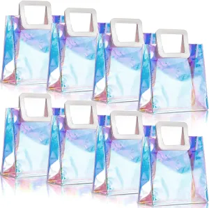 Reusable Iridescent Gift Bag, 10 x 11 x 5.5 Inches Clear Holographic Bag Large Gift Wrap Tote Bags PVC with Handle for Women Girl Party Birthday Christmas Travel Festival Wedding Shopping (8 Pcs)