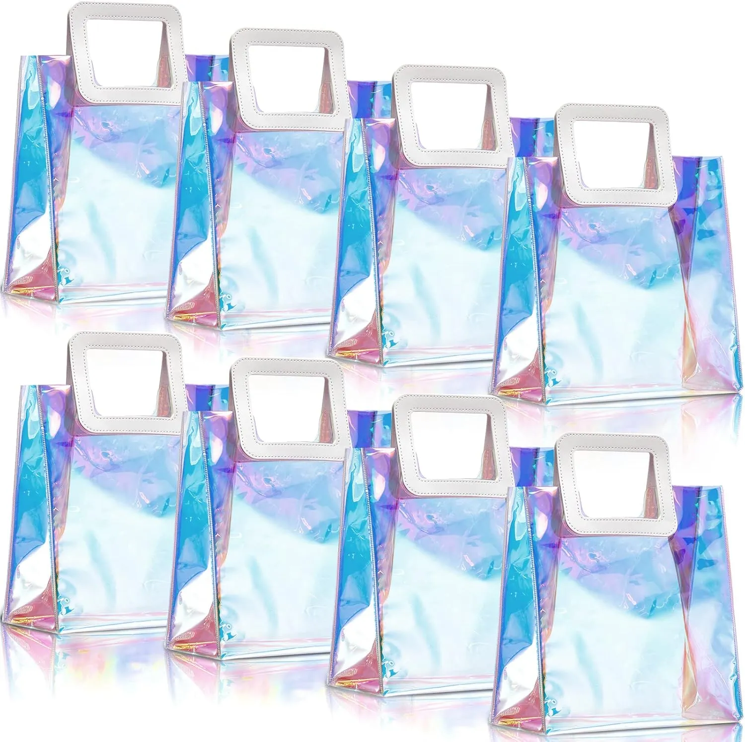 Reusable Iridescent Gift Bag, 10 x 11 x 5.5 Inches Clear Holographic Bag Large Gift Wrap Tote Bags PVC with Handle for Women Girl Party Birthday Christmas Travel Festival Wedding Shopping (8 Pcs)