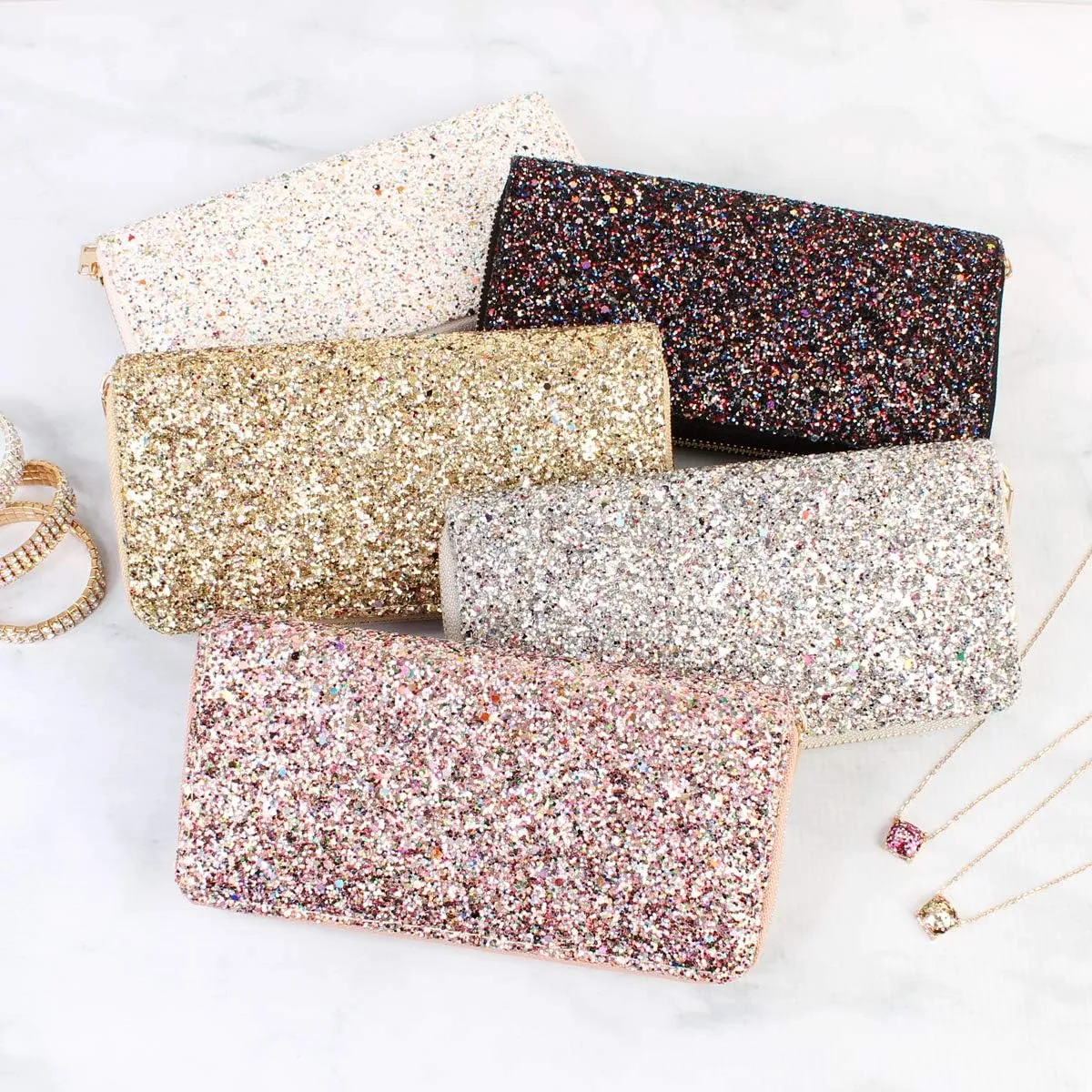 RIAH FASHION Rainbow Glitter Zip Around Wallet - Sparkly Confetti Single Zipper Clutch Purse with Card Slots (Rainbow - Peach)