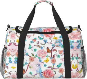 Romantic Fancy Floral Birds Butterfly Travel Tote Bag â€“ Large Reusable Shopping Bag, Vacation Tote, Sports Duffel Bag with Adjustable Crossbody Strap