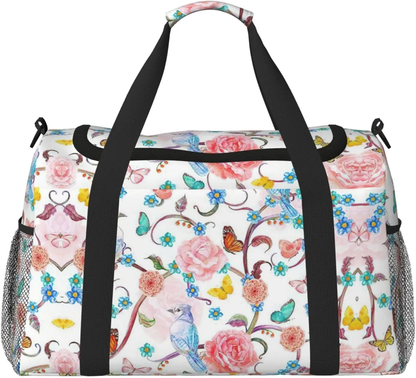 Romantic Fancy Floral Birds Butterfly Travel Tote Bag â€“ Large Reusable Shopping Bag, Vacation Tote, Sports Duffel Bag with Adjustable Crossbody Strap