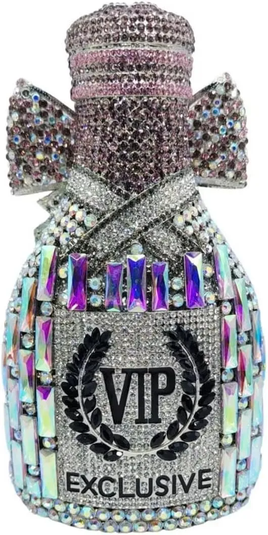 RomanticDesign Women Champagne Bottle Rhinestone Evening Clutch Bride Purse Chic Bowknot Crystal Handbag for Party Prom