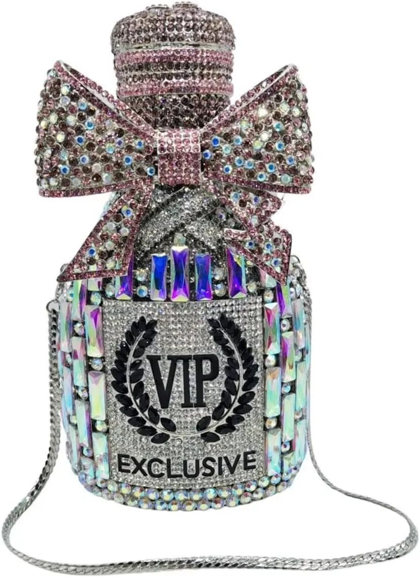 RomanticDesign Women Champagne Bottle Rhinestone Evening Clutch Bride Purse Chic Bowknot Crystal Handbag for Party Prom