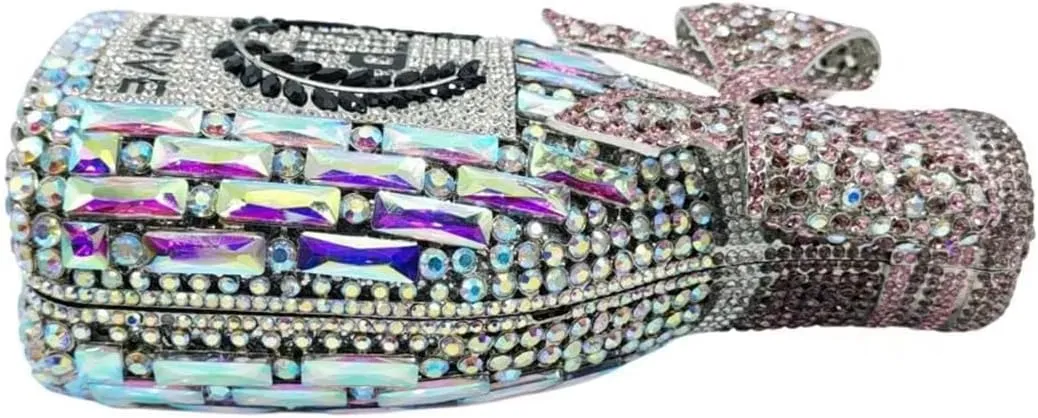 RomanticDesign Women Champagne Bottle Rhinestone Evening Clutch Bride Purse Chic Bowknot Crystal Handbag for Party Prom
