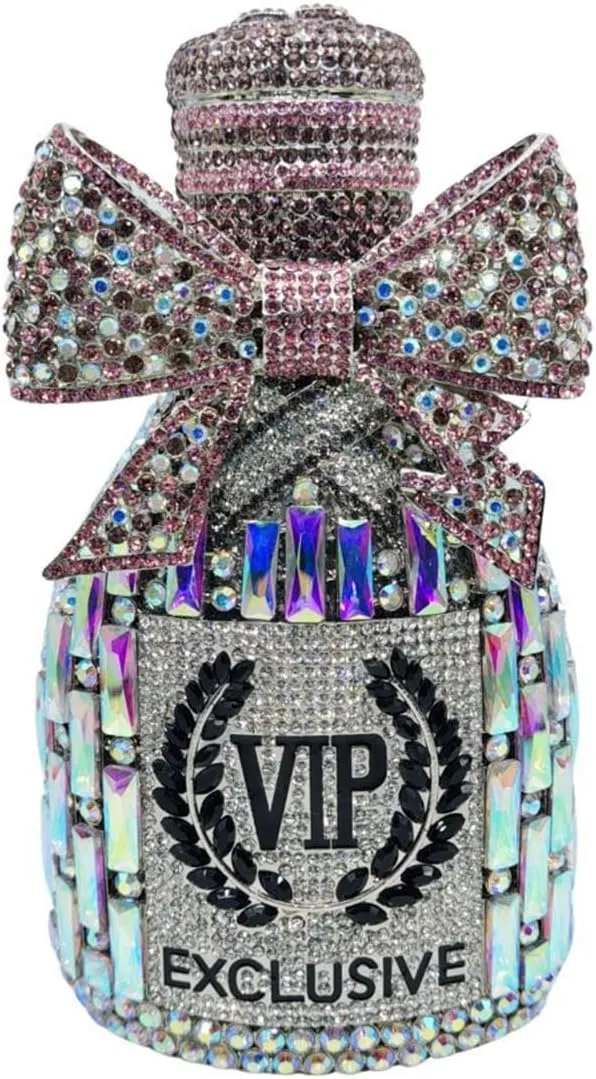 RomanticDesign Women Champagne Bottle Rhinestone Evening Clutch Bride Purse Chic Bowknot Crystal Handbag for Party Prom