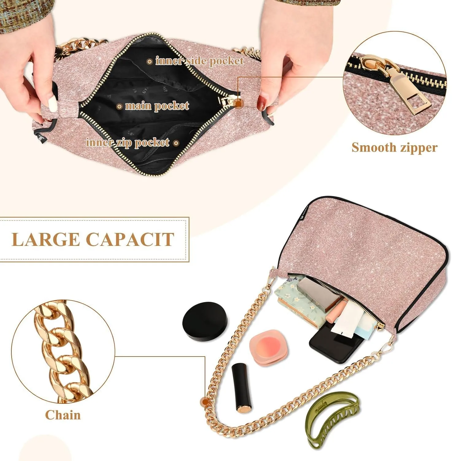 Rose Gold Glitter Shoulder Purse, Small Purses for Women Trendy