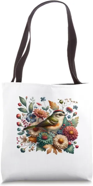Ruby-crowned Kinglet Vintage Floral Autumn Bird Tote Bag