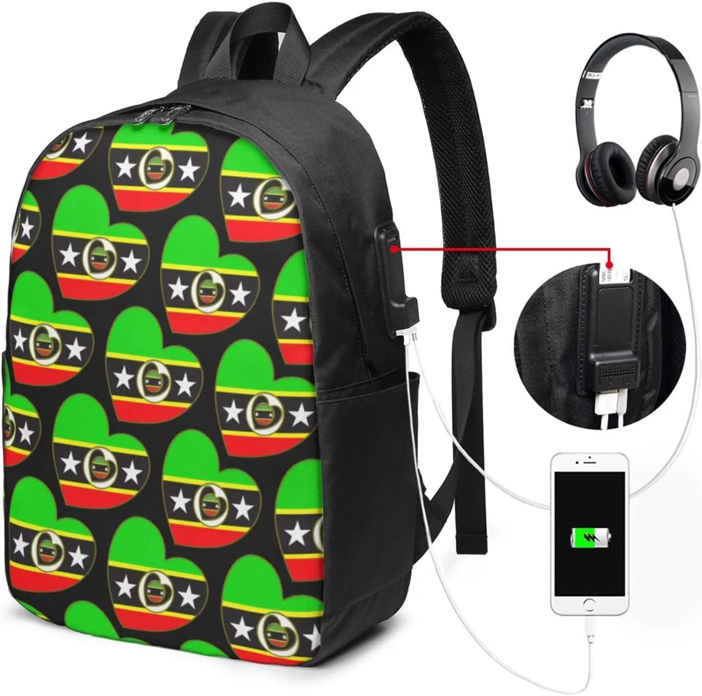 Saint Kitts Nevis Flag Laptop Backpacks Travel Backpack Casual Business Daypack Sport Rucksack Computer Bag Fits up to 17 Inch Notebook with USB Port