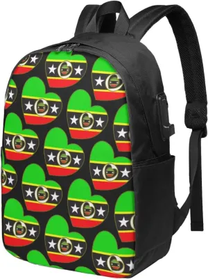 Saint Kitts Nevis Flag Laptop Backpacks Travel Backpack Casual Business Daypack Sport Rucksack Computer Bag Fits up to 17 Inch Notebook with USB Port
