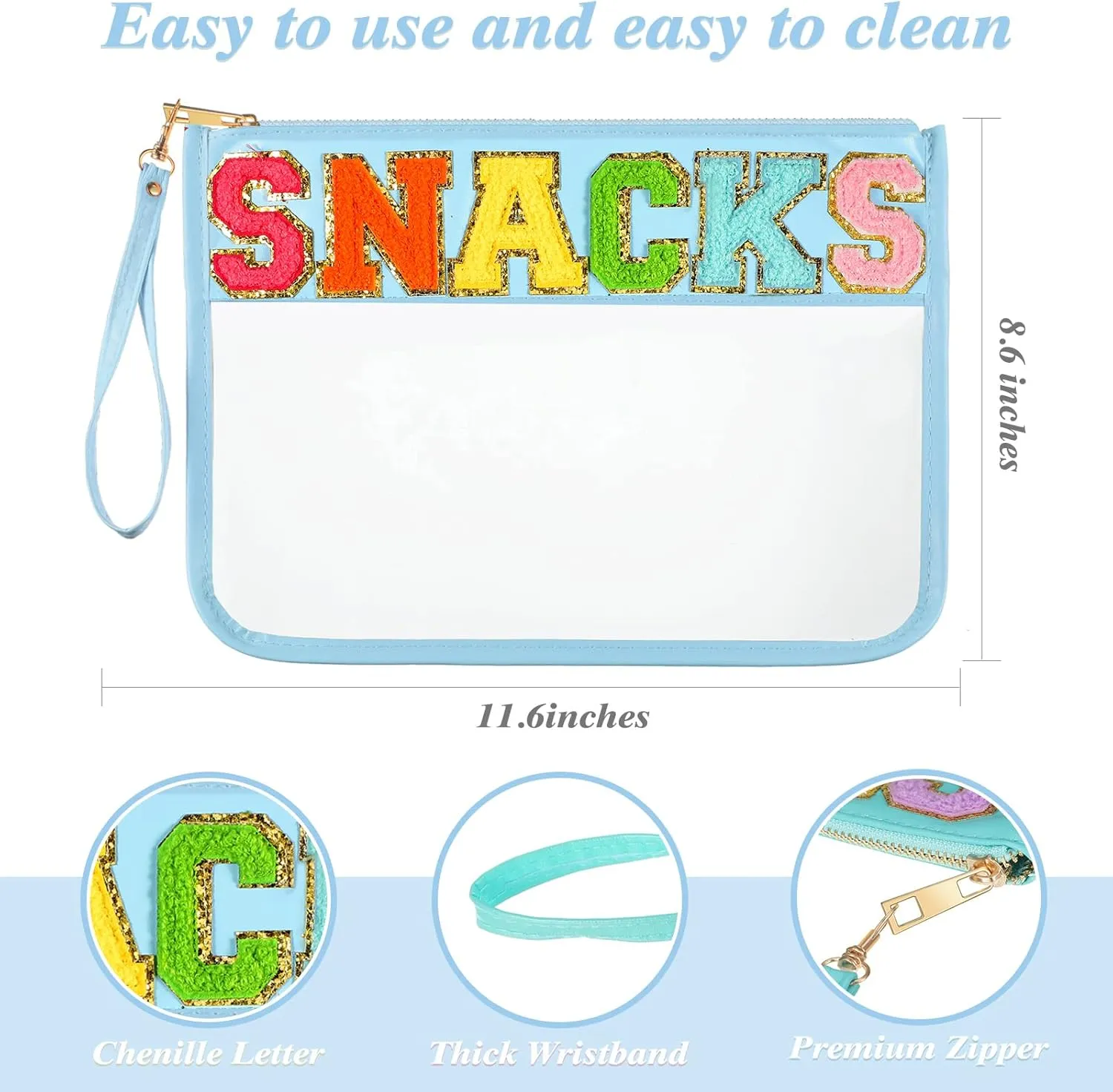 Sanwuta 2 Pcs Chenille Letter Clear Zipper Pouch Clear Cosmetic Bag Makeup Letter Bag Stadium Purse Transparent Travel Patch Pouch(Travel, Snacks,White, Blue)