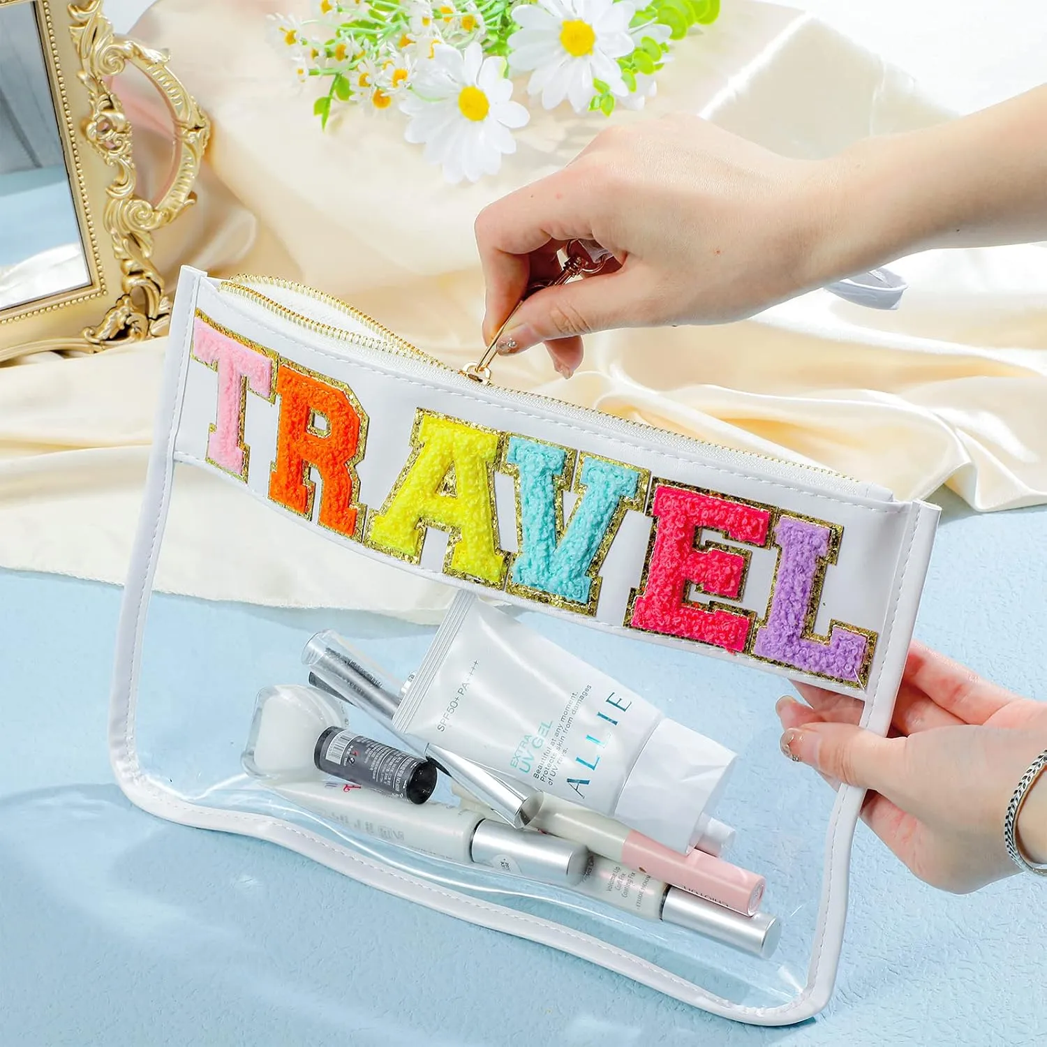 Sanwuta 2 Pcs Chenille Letter Clear Zipper Pouch Clear Cosmetic Bag Makeup Letter Bag Stadium Purse Transparent Travel Patch Pouch(Travel, Snacks,White, Blue)