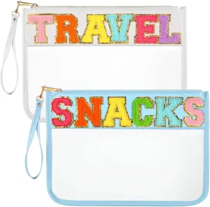 Sanwuta 2 Pcs Chenille Letter Clear Zipper Pouch Clear Cosmetic Bag Makeup Letter Bag Stadium Purse Transparent Travel Patch Pouch(Travel, Snacks,White, Blue)