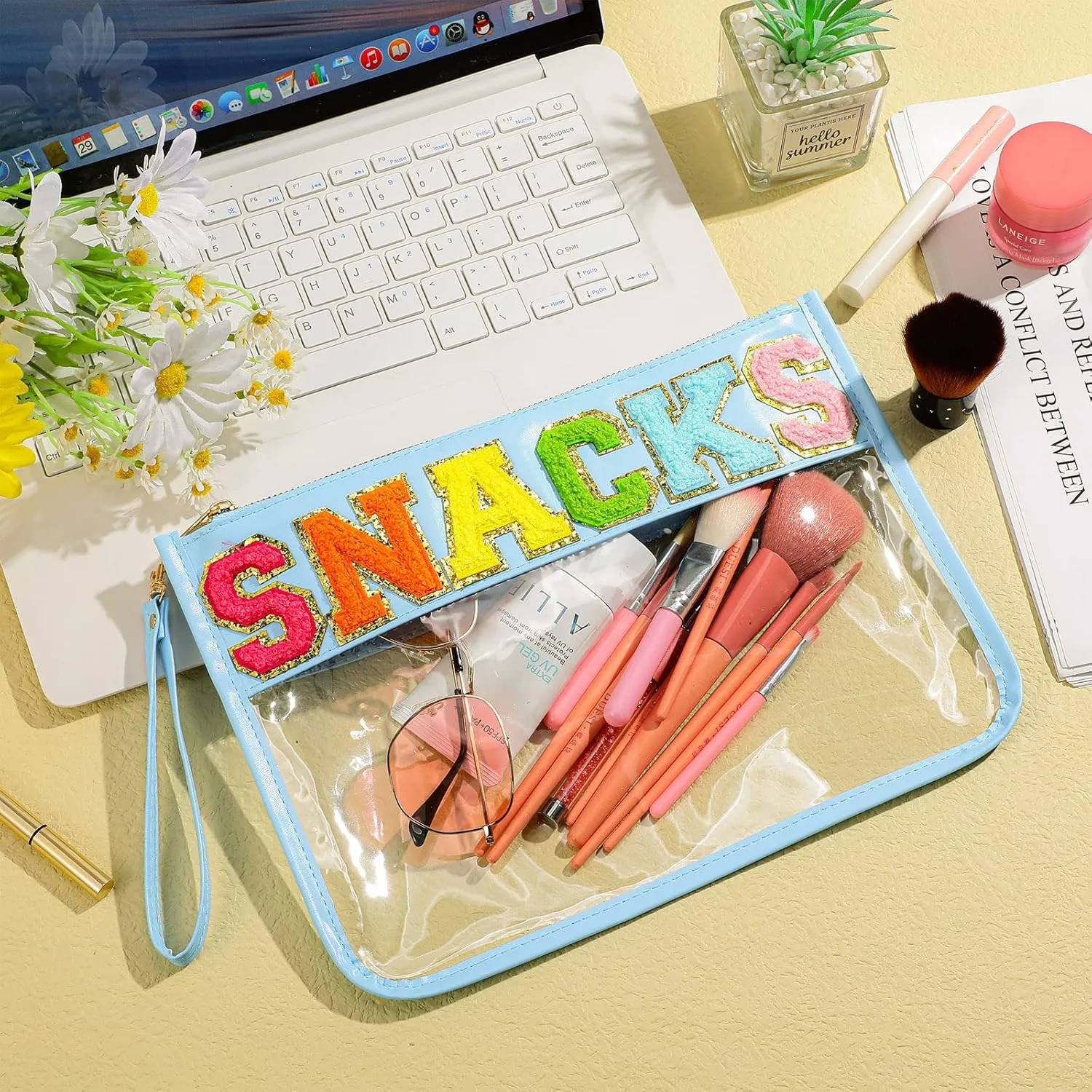Sanwuta 2 Pcs Chenille Letter Clear Zipper Pouch Clear Cosmetic Bag Makeup Letter Bag Stadium Purse Transparent Travel Patch Pouch(Travel, Snacks,White, Blue)