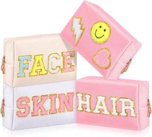 Sanwuta 4 Pcs Hair Face Skin Travel Bag Set Preppy Makeup Pouch PU Leather Skincare Bag Waterproof Cosmetic Organizer Birthday Christmas Gifts(White, Pink, Beige,Fresh Style)