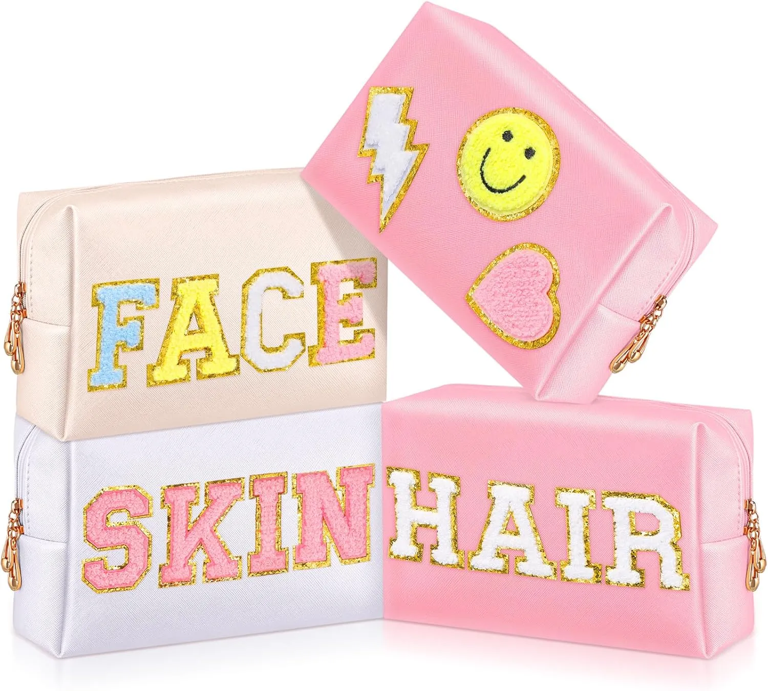Sanwuta 4 Pcs Hair Face Skin Travel Bag Set Preppy Makeup Pouch PU Leather Skincare Bag Waterproof Cosmetic Organizer Birthday Christmas Gifts(White, Pink, Beige,Fresh Style)