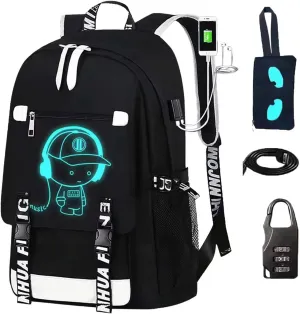 School Backpack for Boys Print Backpack Teenagers Anime Large School Bag Outdoor Reflective Daypack.Luminous Pattern Travel Laptop Backpack - With Usb Charging Port Headphone port